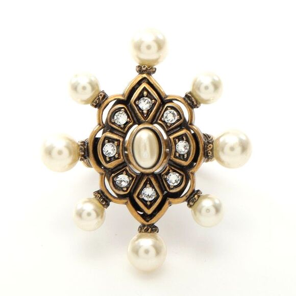 Gucci Gold Plated Ring with Faux Pearl & Rhinestones - Picture 1 of 6